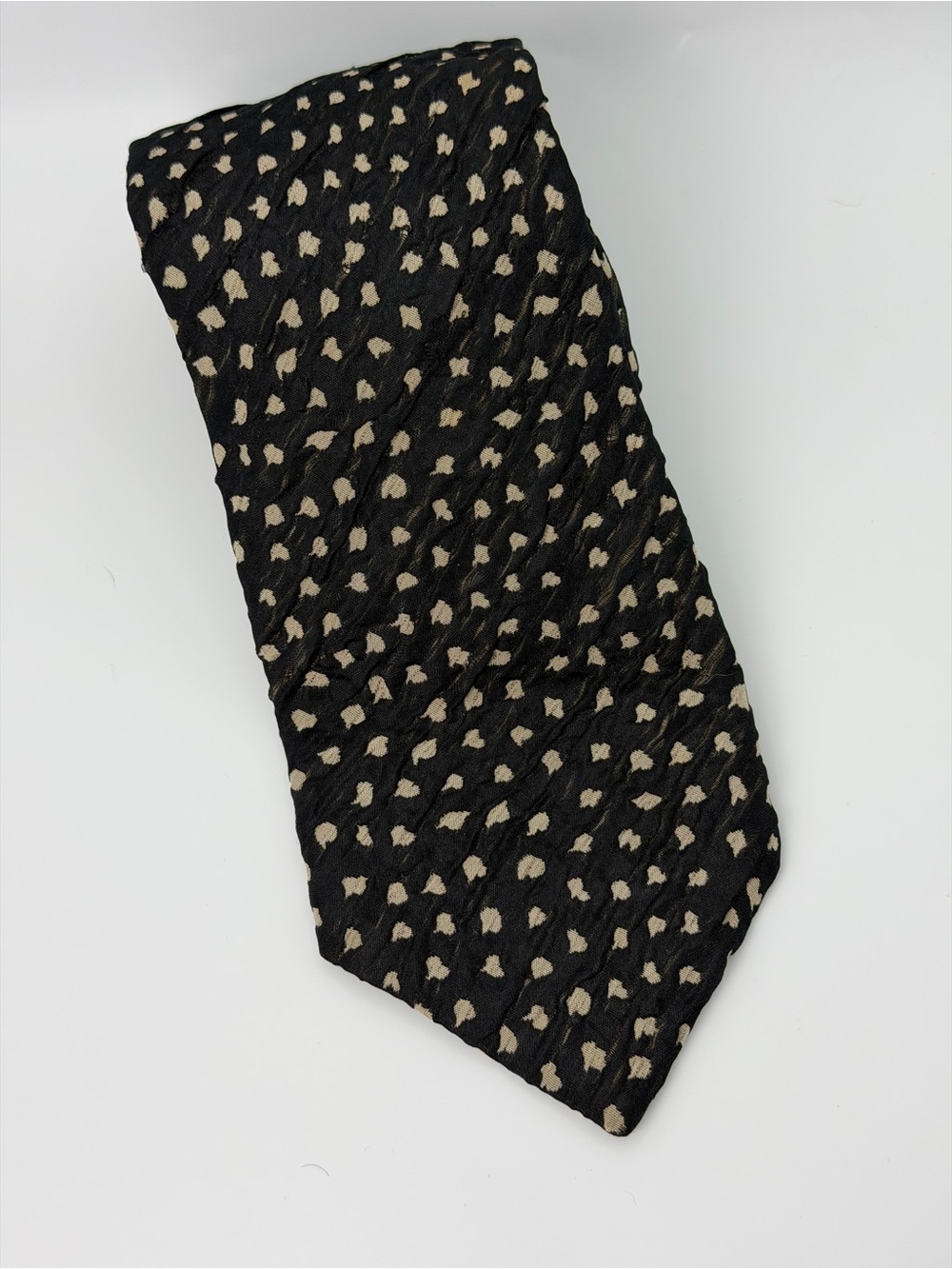 Marco Pascali Barcelona Crinkled Textured Silk Necktie Black Ivory Geometric